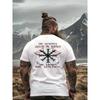 Viking with Beard In Nordic Style Wears Black T-Shirt | Vegvisir Design In Mountain Landscape, Crew Neck, Slight Stretch, Regular Fit, Casual Style,