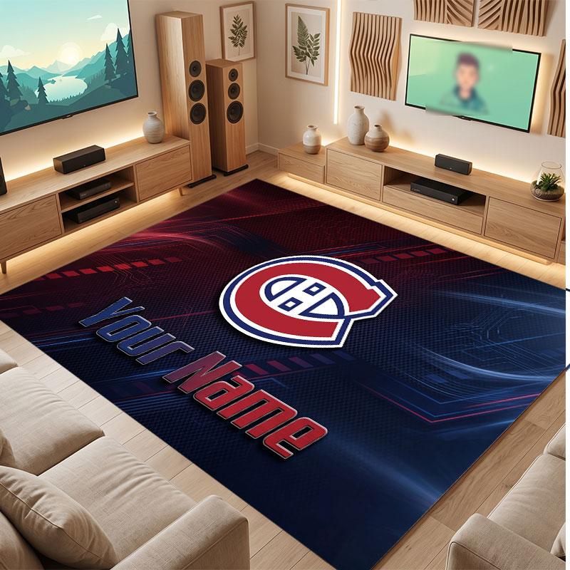 Montreal Canadiens Personalized Crystal Velvet Carpet, Customized Name Text Soft Anti‑Slip Rug for Living Room Bedroom