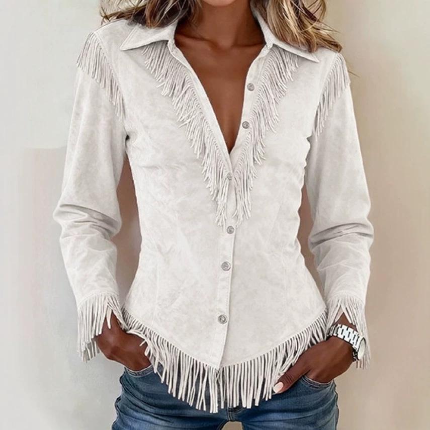Women's Fringe Shirt Casual Turn-down Collar Single Breasted Long Sleeve Solid Color Blouse