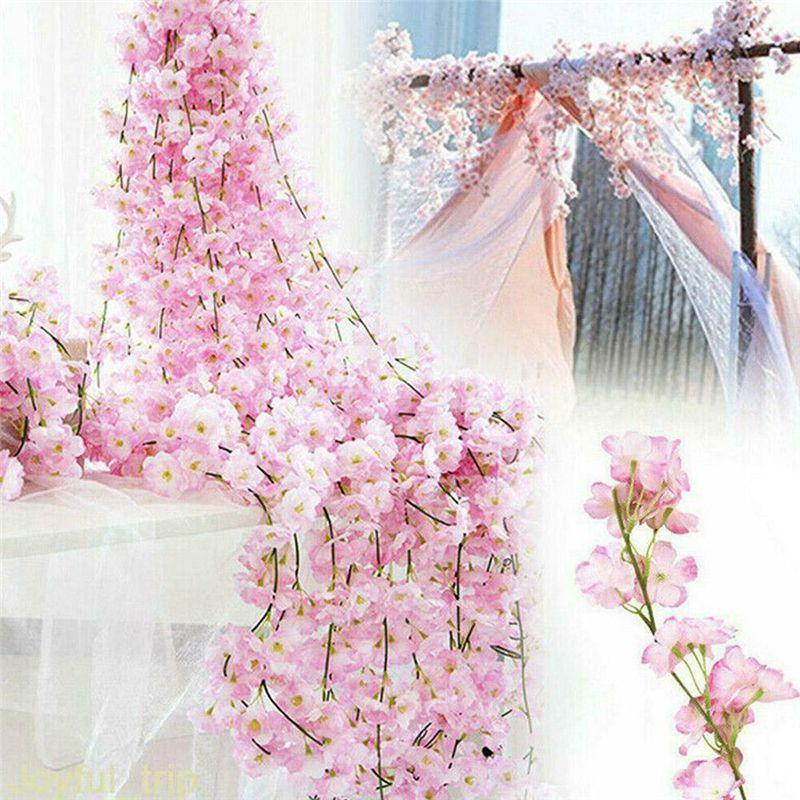 Cherry Rattan Artificial Fake Flower Sakura Hanging Wedding Garland Decor Plant