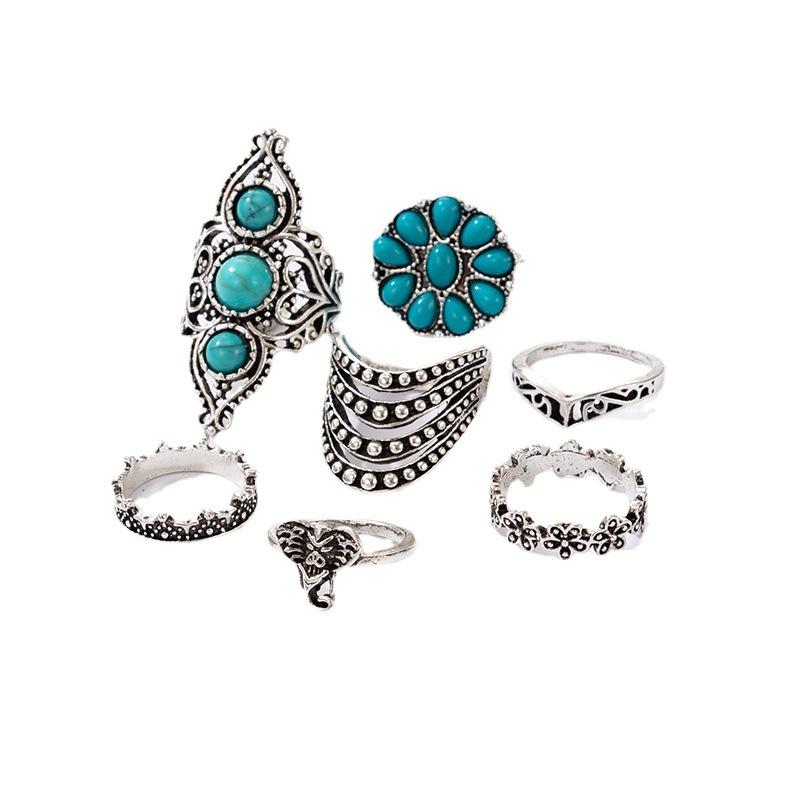 European and American Popular Accessories Retro Ethnic Style Turquoise Elephant Geometric Graphic 7-piece Silver Ring Set