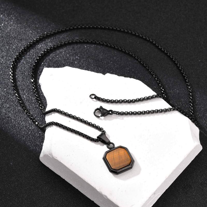 Stainless Steel Square Pendant Necklace Men Long Chain Layered Hip Hop Jewelry Geometric Titanium