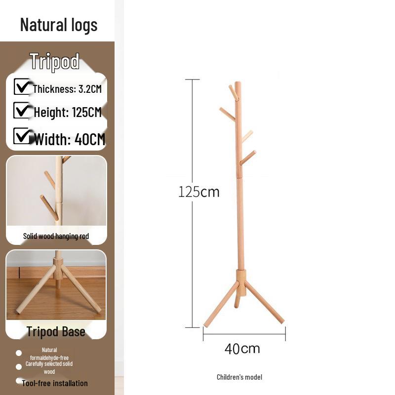 Solid Wood Floor-Standing Coat Rack with Movable Hangers for Clothes and Bags