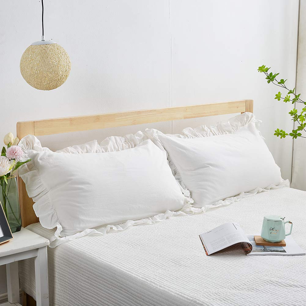 Farmhouse Ruffled Off White Cotton Pillow Sham Set of 2   Standard 19x27.8 Inches for Bedroom or Guest Room Decor