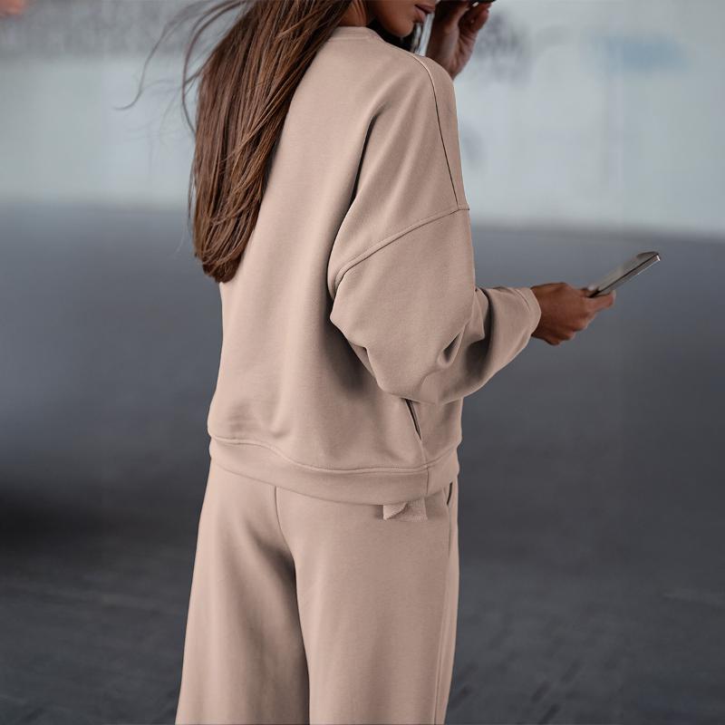 Women Solid Crew Neck Sweatshirt And Split Wide Leg Pants Tracksuit Two Piece Set
