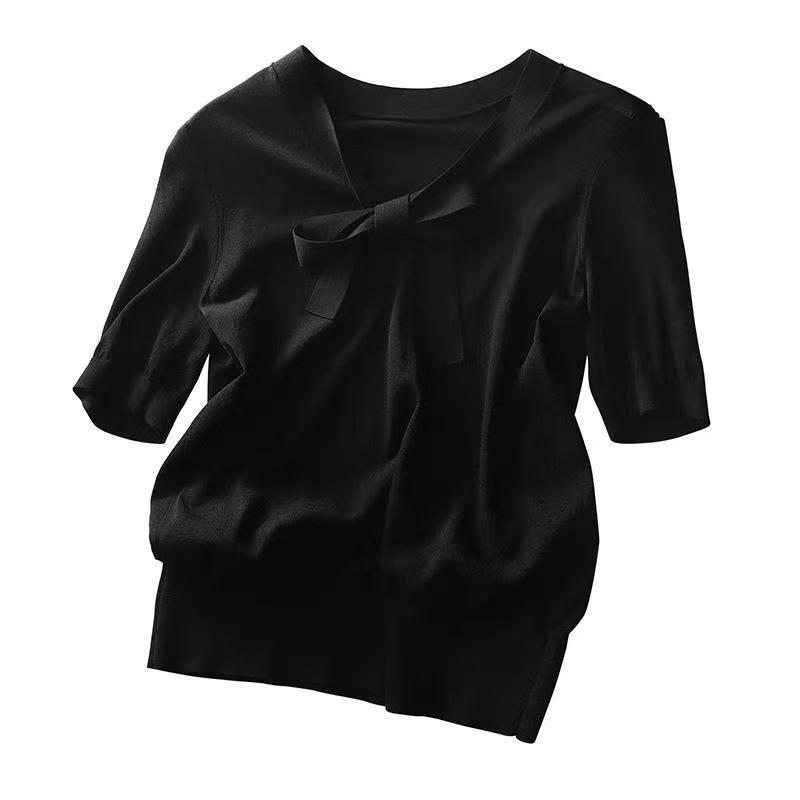 Ice Silk Short Sleeved T-shirt for Women in Summer V-neck Loose Short Sleeved Knitted T-shirt for Women