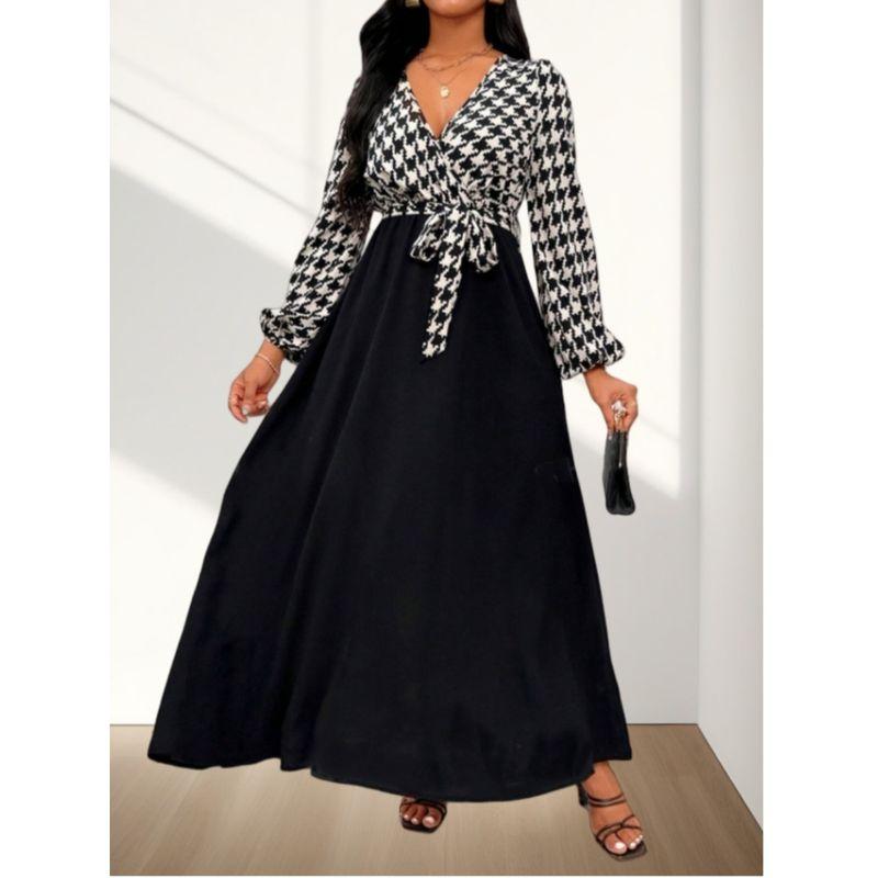 Autumn New Arrival Fashion Fashion Commuter Ol Waist-Tight V Neck Houndstooth Patchwork Mid Length Long Length Long Sleeves Dress Dress