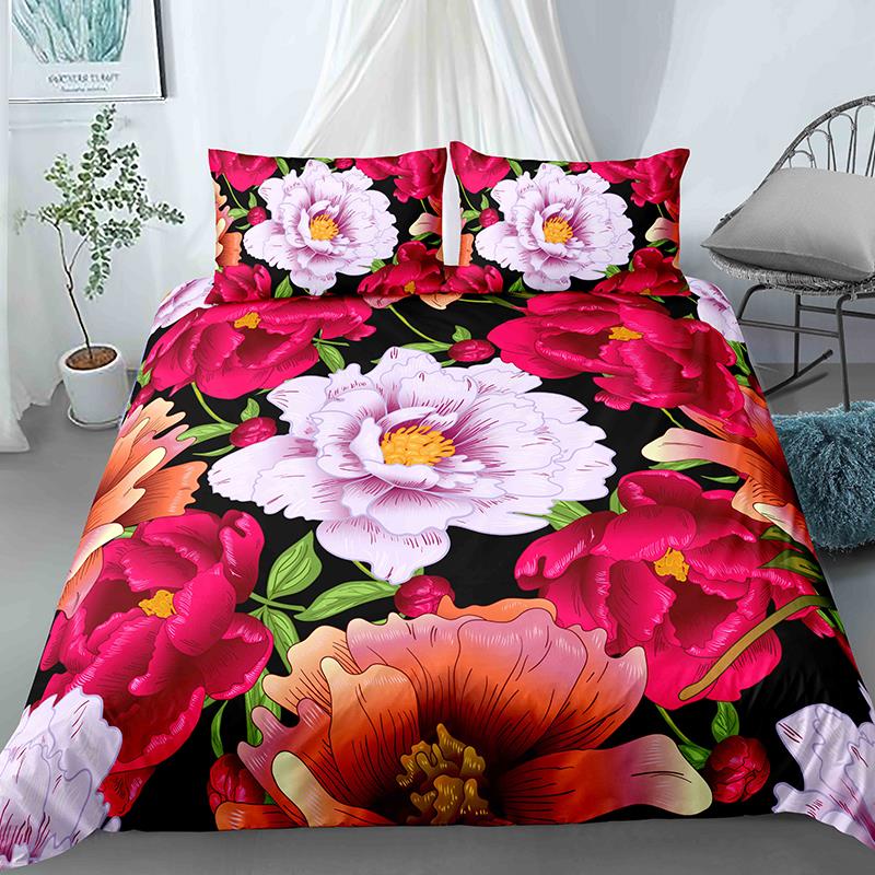 High-End Premium 3D Colorful Flowers King Quen Double Soft Duvet Cover Floral Beding Set Women Comfortable Quilt Cover Black Warm Comforter Cover