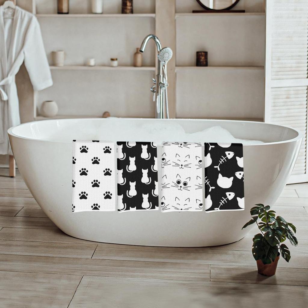 4 Pcs Cute Cat Kitchen Towels, Cat Paw Decorative Absorbent Microfiber Dish Cloth Tea Towel, Cats Waffle Soft Hand Towels for Farmhouse Home Bathroom
