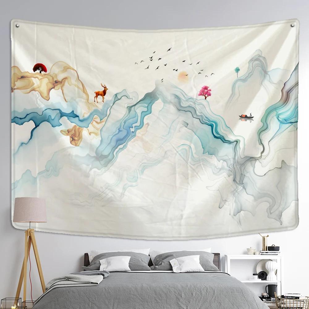 Mountain And River Ink Painting Tapestry Wall Hanging Bohemian Style Ins Hippie Psychedelic Home Decor