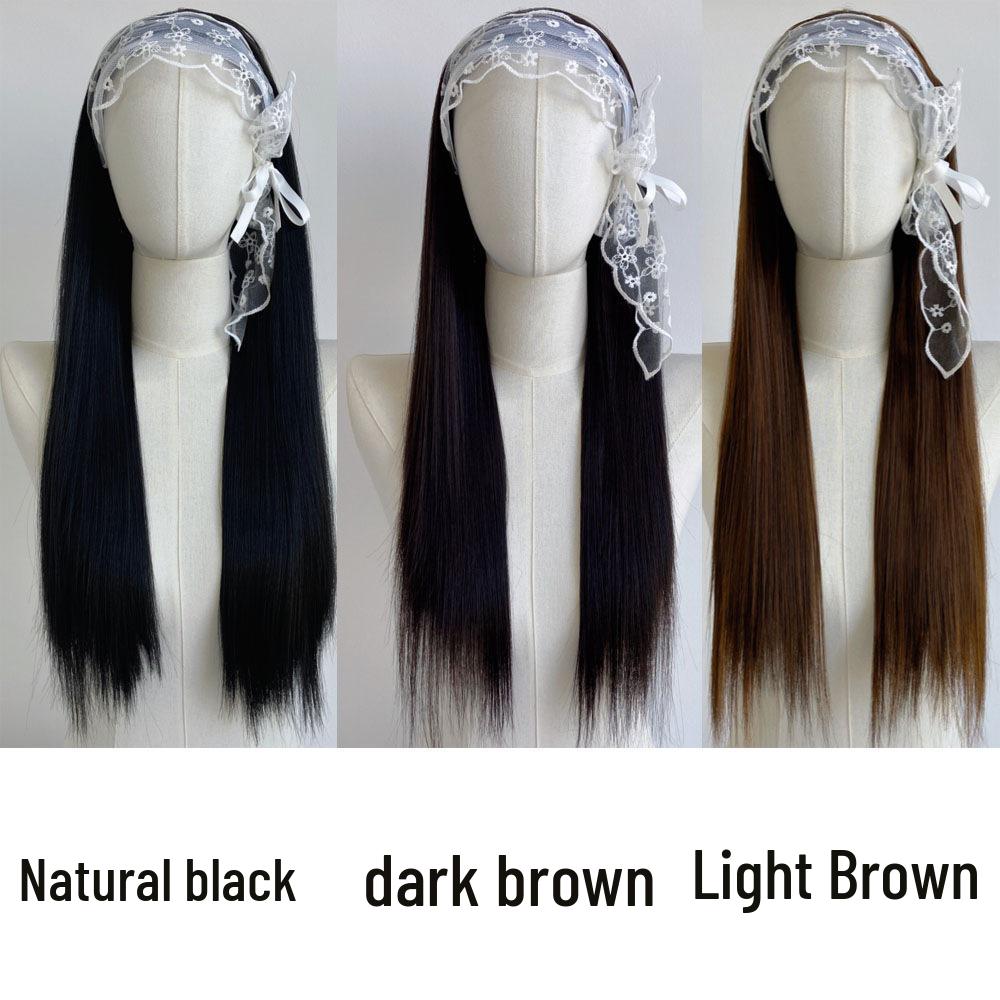 Douyin Lace Bow Headband Long Straight Wig for Girls - Black Full Cover Hairstyle
