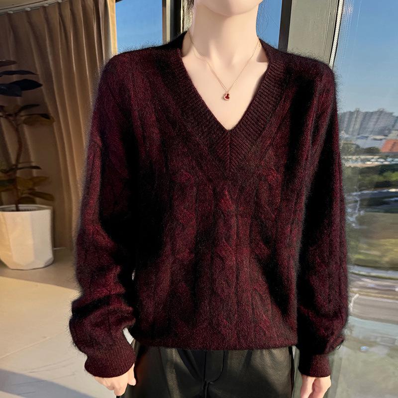 Lekasha 100% Cashmere V-Neck Loose Knit Sweater for Women - Solid Color Winter Base Layer Top