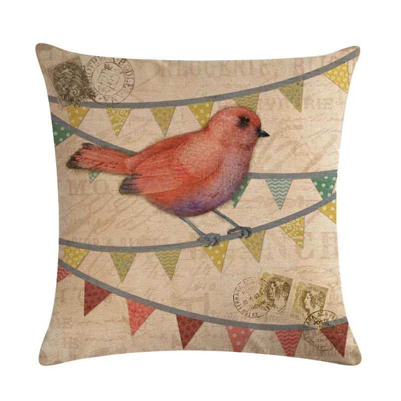 Lovely Flower And Bird Cushion Cover Retro Print Linen Pillowcase Decoration Living Room Bedroom Sofa Car 45*45Cm