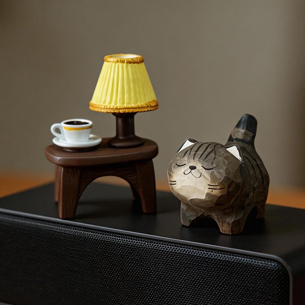 Cute Cat Animals Figurine Decorative Wooden Ornament Miniature Kitten Coffee Home Bedroom Office Desk Decoration Gift Statue
