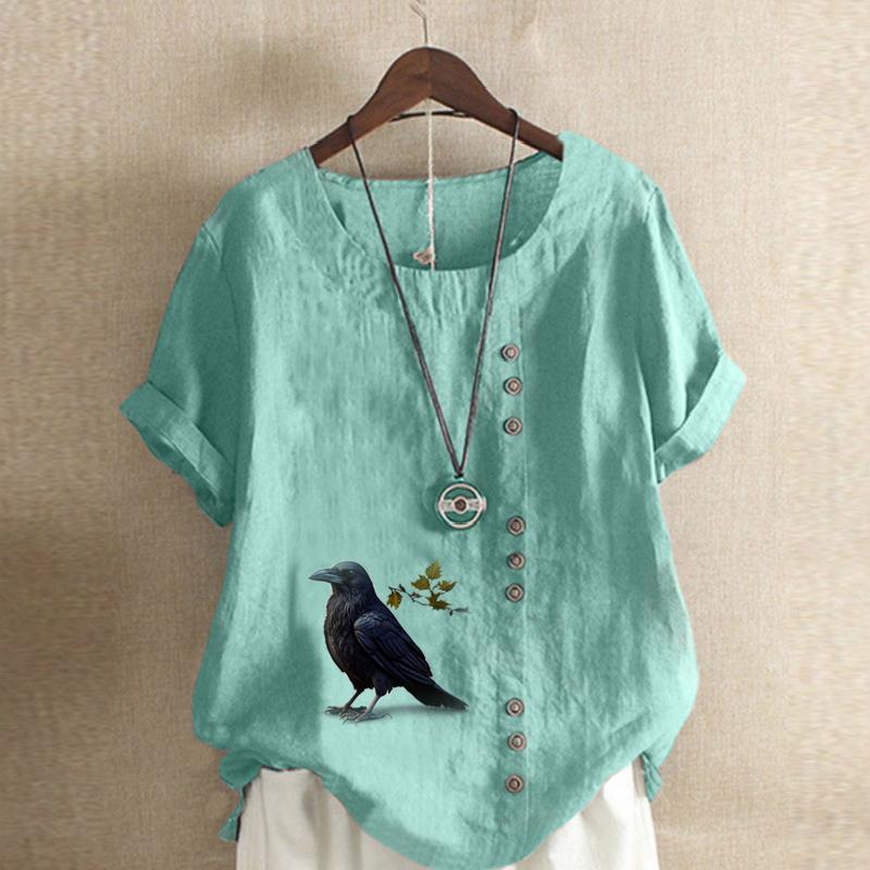 Damska Moda Okrągły Dekolt Krótki Rękaw T-shirt Casual Bawełna Len Koszulka z Graficznym Nadrukiem Rekreacyjna Luźna Krucza Bluzka Letnia Top