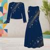 Women Plus Size Dark Blue Printed Round Neck Long Sleeve Cropped Cardigan Sleeveless Dress Two Piece Set