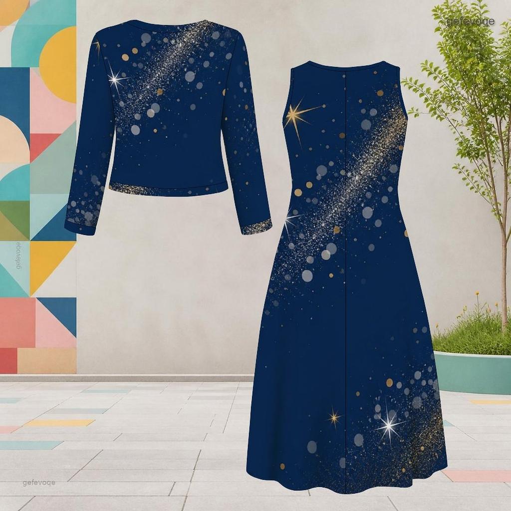 Women Plus Size Dark Blue Printed Round Neck Long Sleeve Cropped Cardigan Sleeveless Dress Two Piece Set