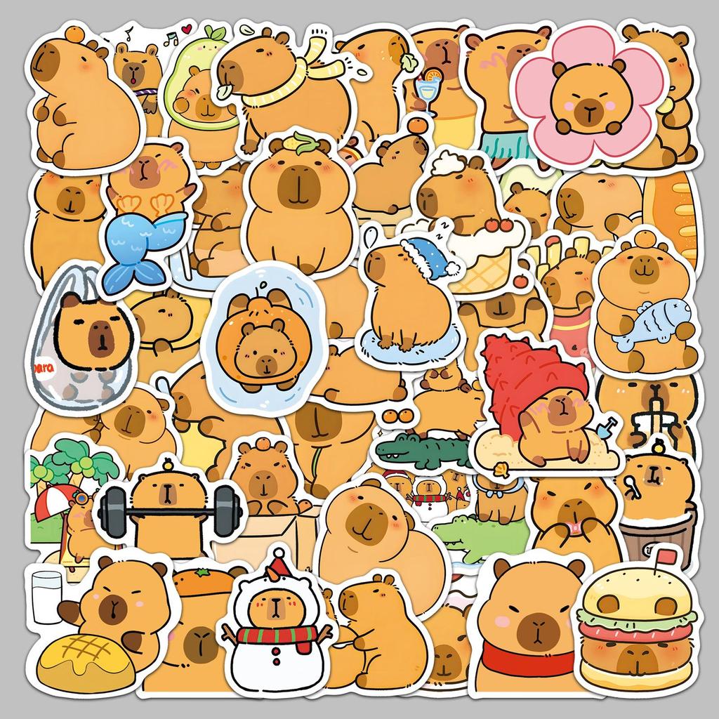 50 Capybara Cartoon Mochi Stickers: Kawaii Waterproof Decorations for Journals, Water Bottles, and Computers