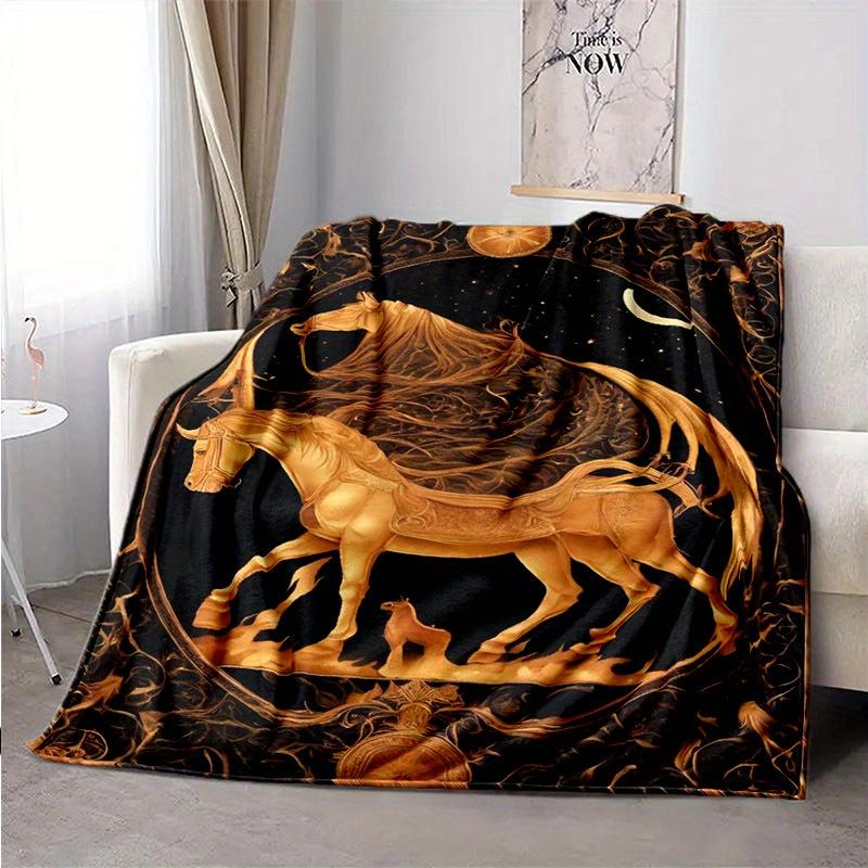 Goldenes Pferde-Muster Flanelldecke - Zeitgenössisches Digitaldruck Polyester-Strick, Ganzjahres-Leichte Sofa-Bettdecke