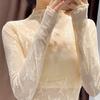 Top in pizzo con scollo a mezza altezza per donna con maniche lunghe, top sexy a strati in maglia sottile