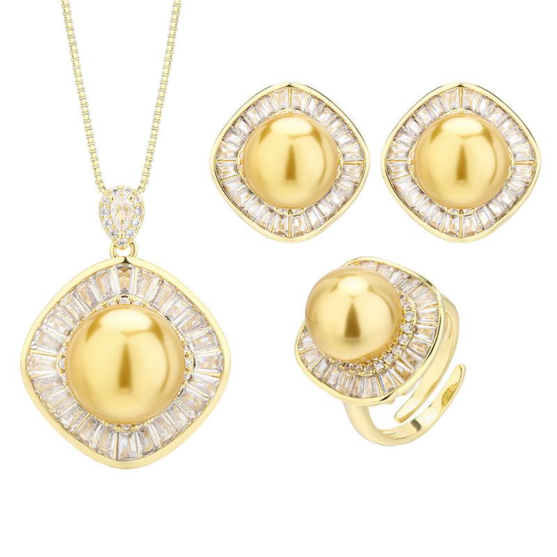 Popular Jewelry Copper Bottom Gold-Plated Inlaid Gold Yellow Pearl Square Set Women 16-12Mm