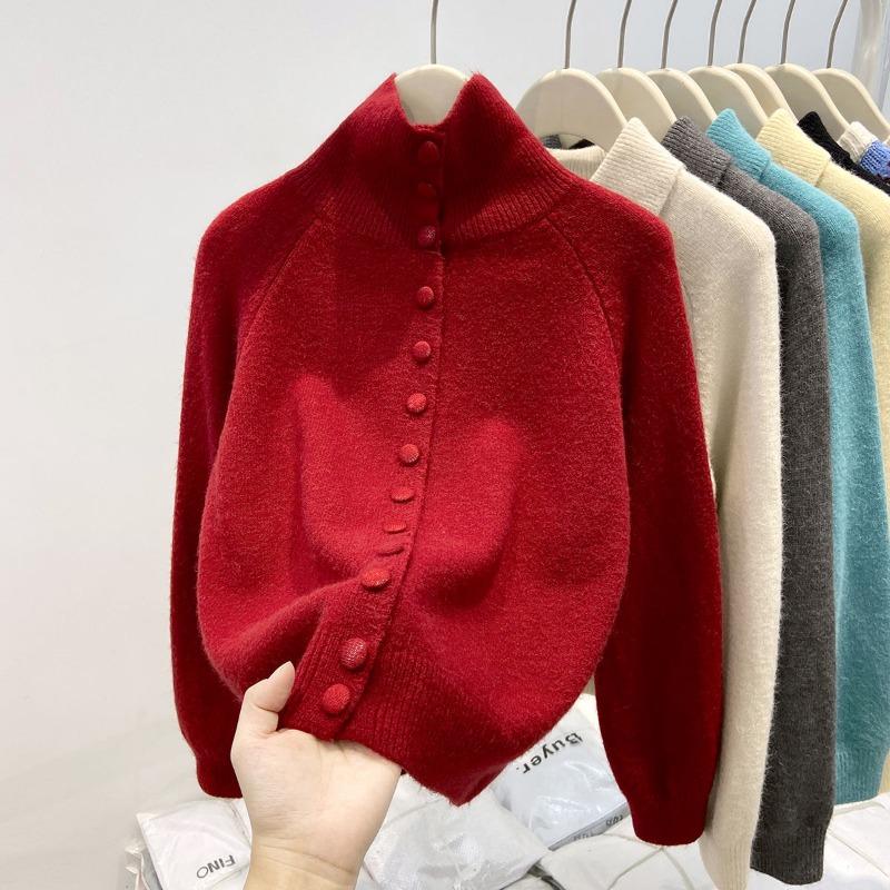 Olo Lapel Knitted Cardigan Sweater Women's Autumn and Winter Thickened Unique Super Good-looking Turtleneck Single-breasted Bottoming Top