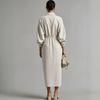 2026 French Linen V-neck Shirt Dress, Drawstring, Waist-Cinching, Loose Long Slit Dress, 20% Linen