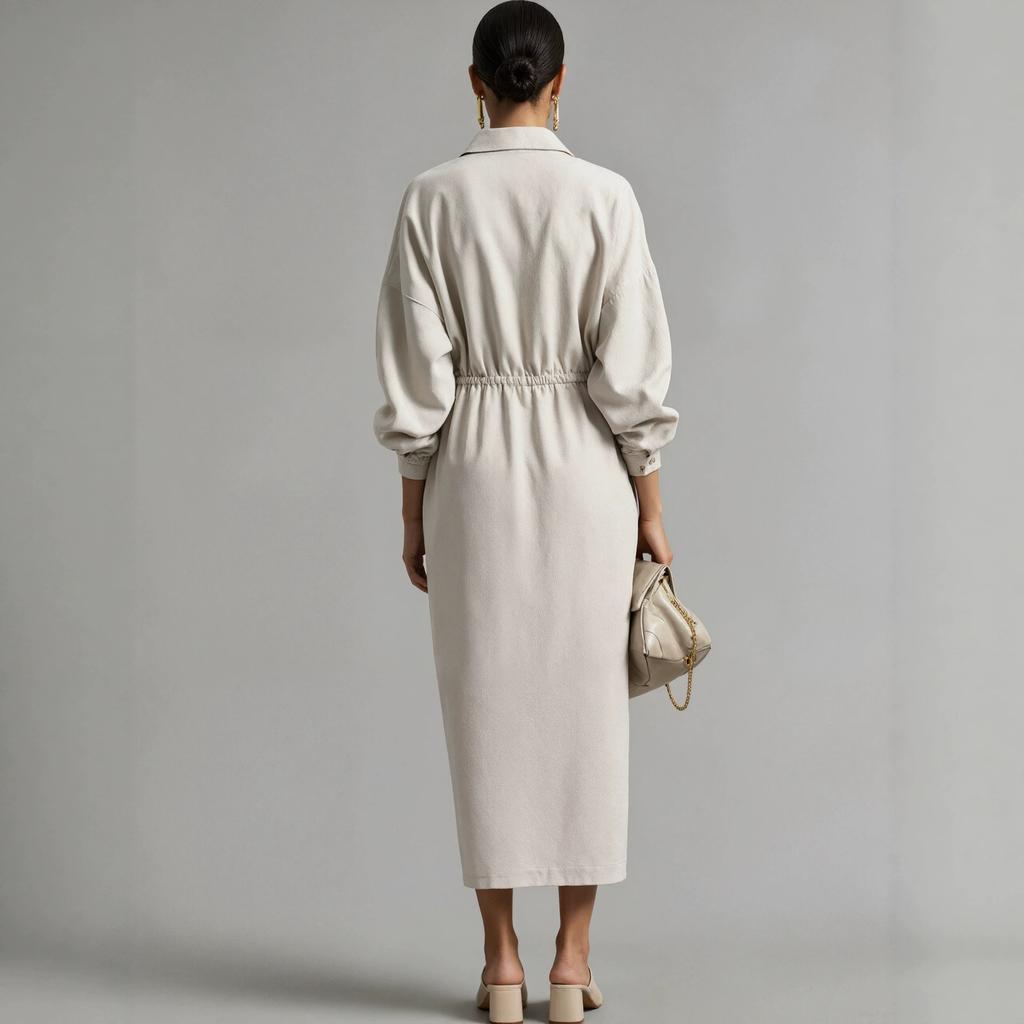 2026 French Linen V-neck Shirt Dress, Drawstring, Waist-Cinching, Loose Long Slit Dress, 20% Linen