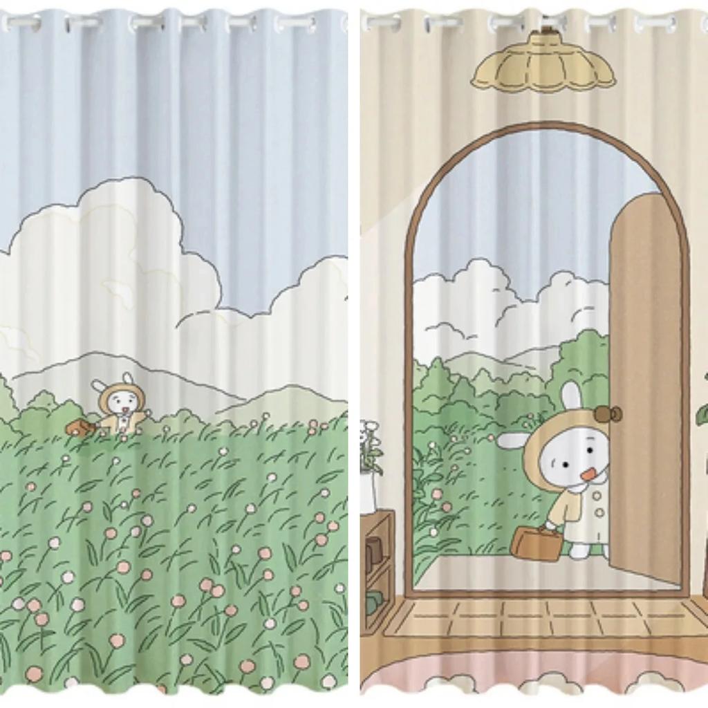 Cartoon Rabbit Cute Curtain High Shading Flowers Curtain Girls Dormitory Children's Room Bedroom Insulation Thick Blackout Drape