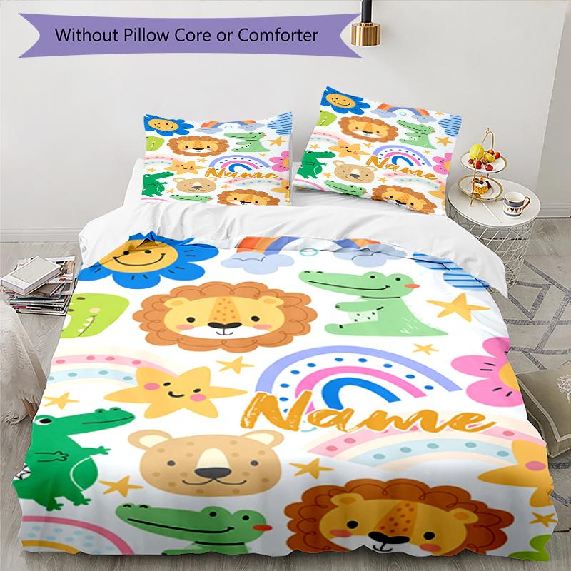 3pcs Custom Name Animals Bedding Set Duvet Cover Closure Includes 1 Duvet Cover & 2 Pillowcases, Soft and Comfortable for All Seasons.