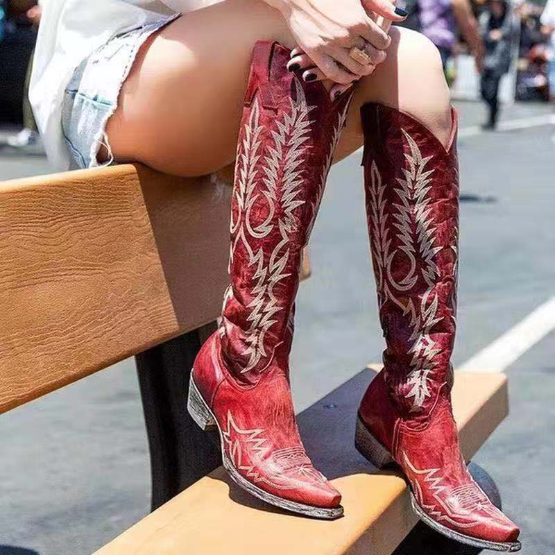 Women Knee-High Modern Boots Square Heel Pointed Toe Embroidered Long Boots Large Size Low Heels Women Shoes Retro Red Brown