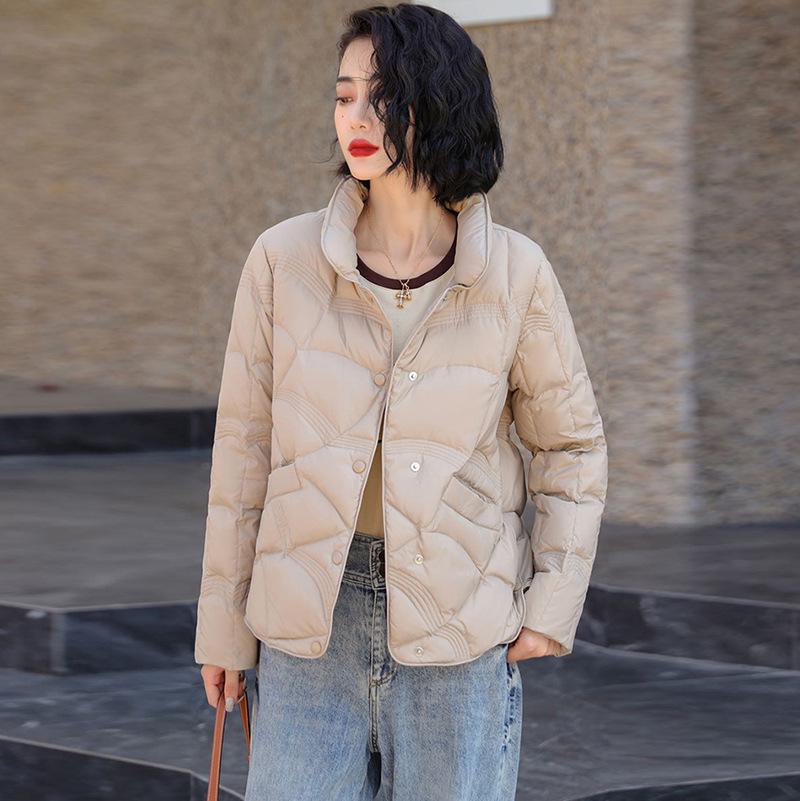 2024 Women's Winter Stand-Up Collar Plaid Down Jacket – Short, Stylish, Solid Color White Duck Down Outerwear