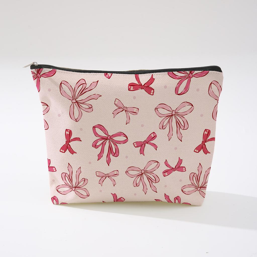 Pink Bowknot Zipper Storage Bag Travel Portable Wash Pouch Student Pencil Case Multi-Purpose Organizer for Women