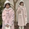 Cappotti da Donna Rosa con Cappuccio Lunghezza Media Monopetto Giacca con Bordo in Peluche Autunno Inverno Ispessito Dolce Cappotto di Lana Abiti da Signora
