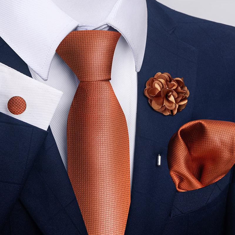 Brown Paisley Men's Tie, Pocket Square, Cufflinks & Boutonniere Set for Business Formal Wear.