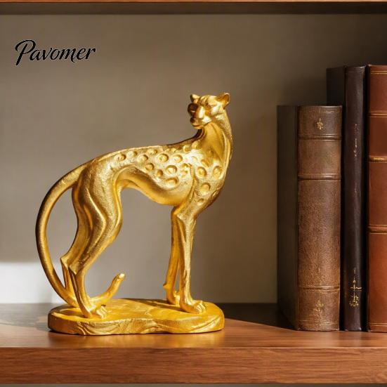 Gold Leopard Statue 3D Printed Cheetah Ornament, Modern Standing Sculpture, Decorative Minimalist Living Room Art Animal Figurine with Stable Base for