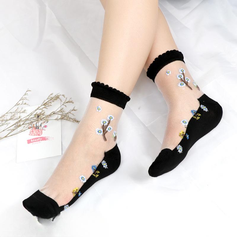 5 Pairs of Ladies Spring and Summer New Style Flowers Sexy Thin Transparent Cotton Bottom Glass Silk In The Tube Socks