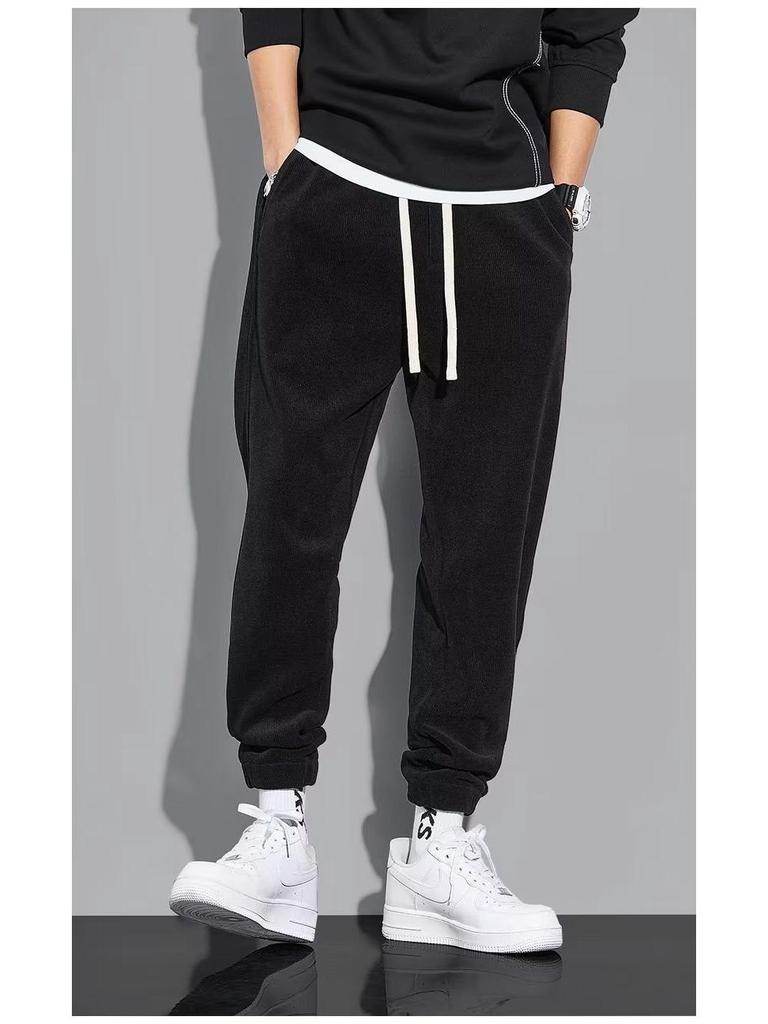 Men's Thickened Fleece-Lined Casual Pants, Drawstring Ankles, Loose Fit, Trendy Autumn/Winter 2023 Style.