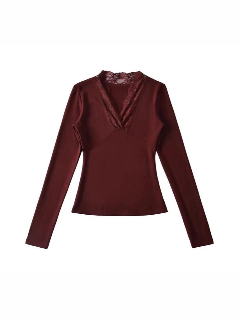 Korean Style Lace Trim V-Neck Slim-Fit Fleece Long Sleeve Women's Top