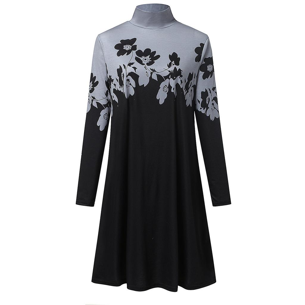 Ladies Fashion Print Half High Neck Long  Sleeve  Loose Straight  Dress