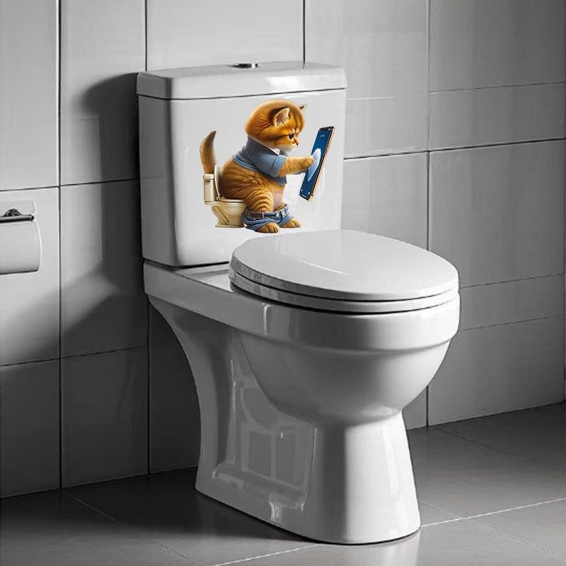 Cat Playing On Phone Toilet Sticker - Waterproof Self-Adhesive Bathroom Sticker DIY Decoration Sticker Bathroom Decoration Decals M1288