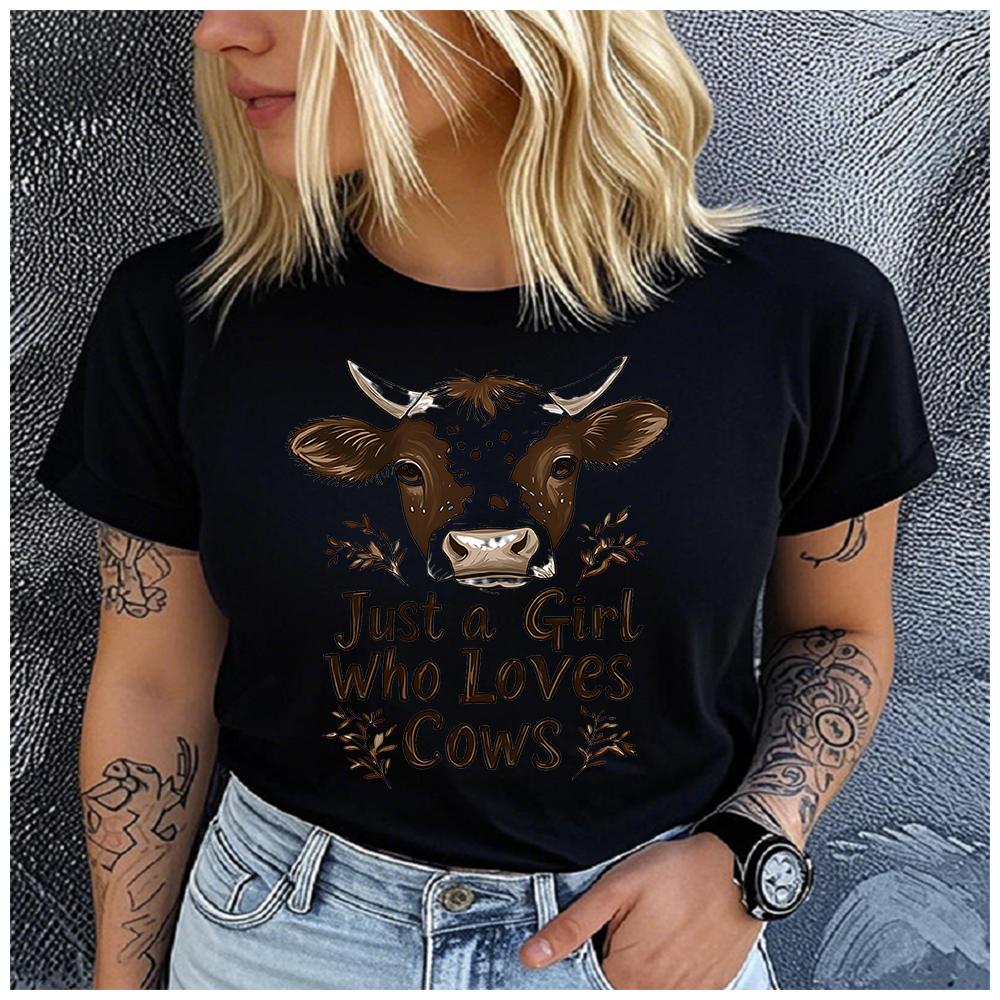 Unisex 100% Polyester Summer Top Just a Girl Who Loves Cows Print Loose Round Neck Short Sleeve Fashion for Lovers