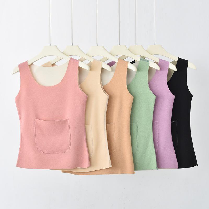 Damska kamizelka z aksamitu z podszewką z polaru i podwójnymi kieszeniami, przytulna warstwa na jesień/zimę