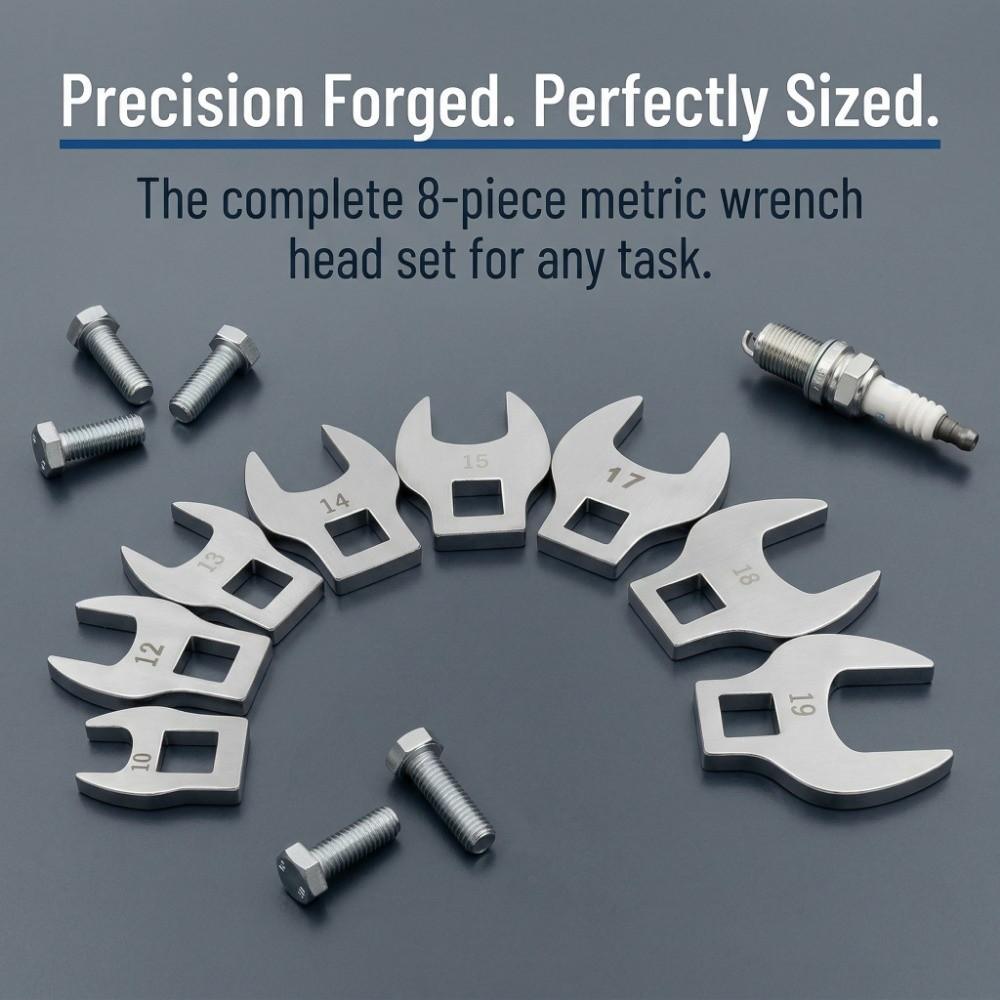 8Pcs 10-19mm Crowfoot Wrench Set Movable Head 3/8" Drive Crowfoot Wrench Set  Hard-To-Reach Areas