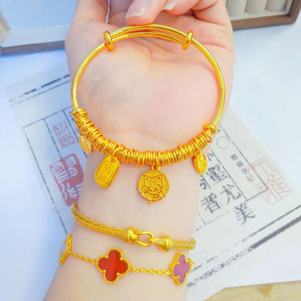 Ping An Xi Le Push-Pull Bangle: Women's Imitation Vietnamese Sand Gold Bracelet with Solid Core.