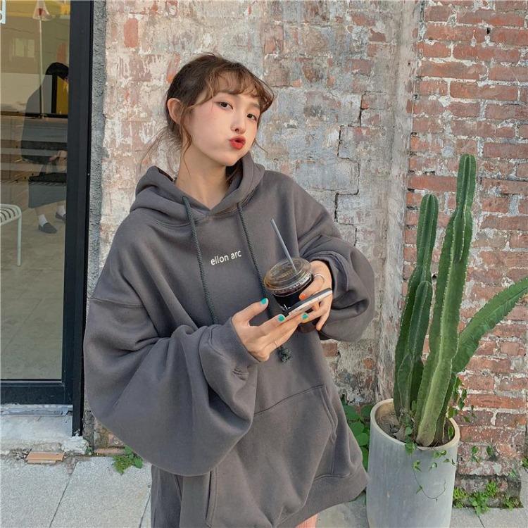 Autumn Winter Velvet Hooded Oversized Hoodie Women Loose Top Letter Print for Student Ladies