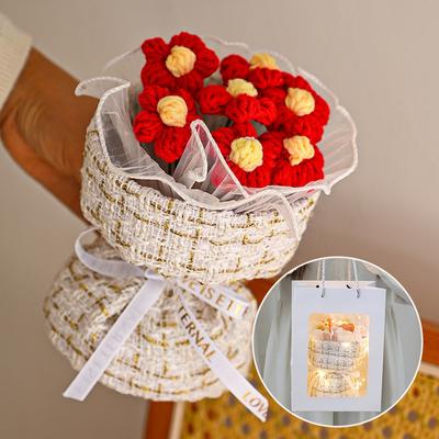 Puffs Crochet Rose Bouquet Finished Product Handmade Artificial Flower Decorations Valentine Mother Day Festival Souvenirs Gifts