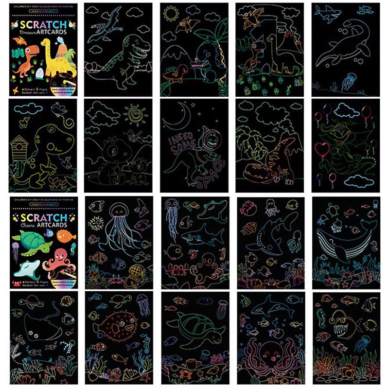 18 PCS Scratch Painting Papers Magic Rainbow Colored Drawing Set Space Animal Ocean Pirate Bamboo Stick Gifts for Boys Girls ZYF