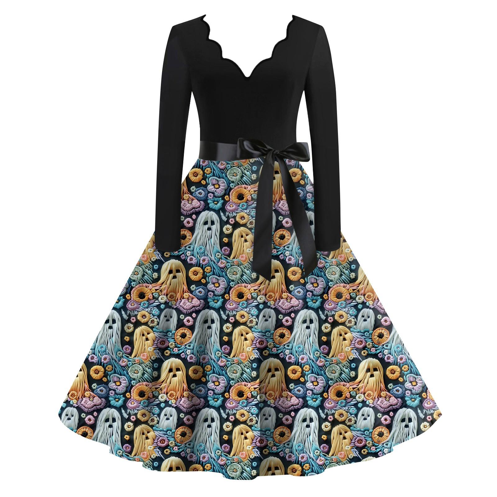 

Женская повседневная мода с длинным рукавом Хэллоуин принт винтажные длинные платья осень XL