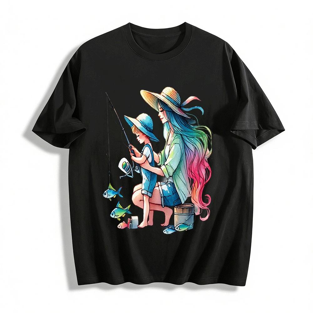 Warm Parent Child Fishing Time Printed Casual Top Pure cotton T-shirt XXS